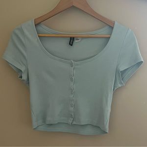 H&M round neck, green button up crop top.